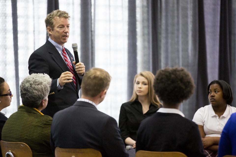 Sen. Rand Paul, R-Ky., speaks during a visit to Josephinum Academy in Chicago to participate in a discussion on school choice on Tuesday, April 22, 2014. (AP Photo/Andrew A. Nelles)