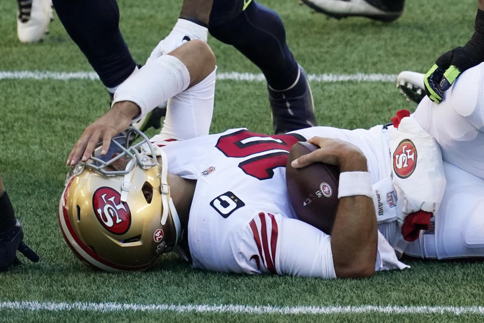 San Francisco 49ers quarterback Jimmy Garoppolo was taken out of Sunday's game with an ankle injury. (AP Photo/Elaine Thompson)