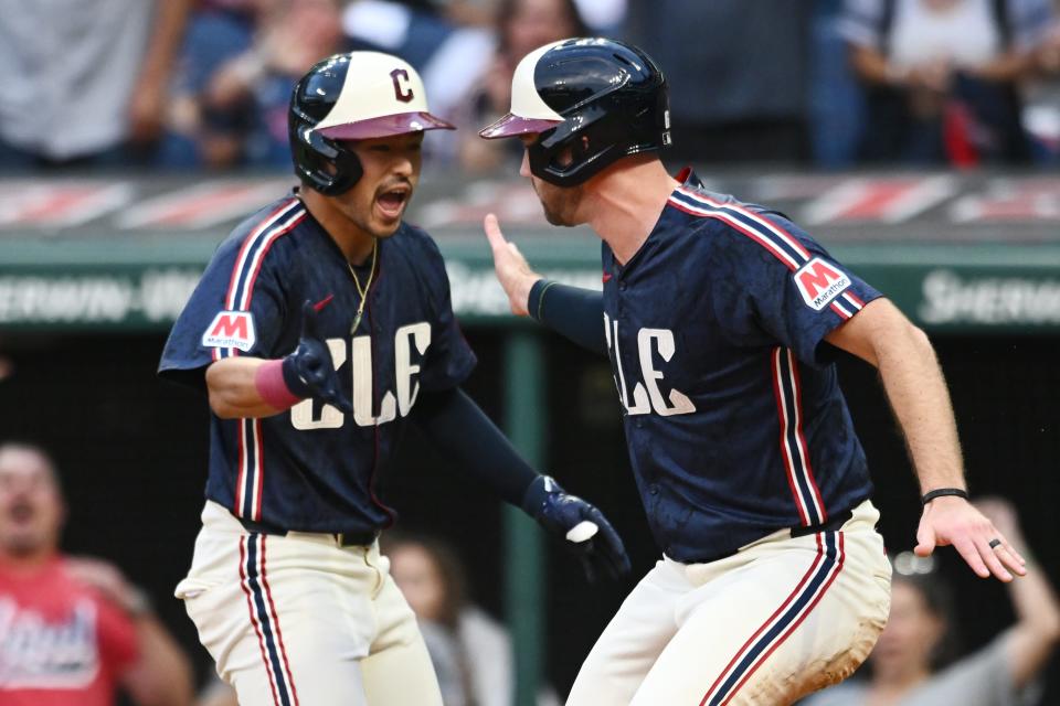 Aug 2, 2024; Cleveland, Ohio, USA; Cleveland Guardians left fielder Steven Kwan (38) and designated hitter David Fry (6) celebrate after Fry scored during the second inning against the Baltimore Orioles at Progressive Field. Mandatory Credit: Ken Blaze-USA TODAY Sports