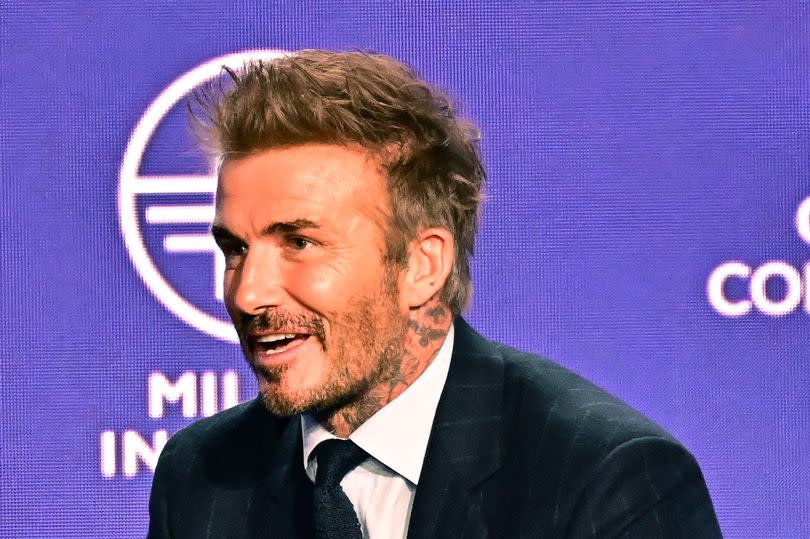 David Beckham speaks during the Milken Institute Global Conference in Los Angeles.