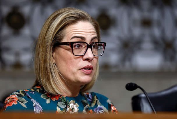 PHOTO: Senator Kyrsten Sinema questions witnesses during a Senate Banking, Housing, and Urban Affairs Committee hearing in the wake of recent of bank failures, on Capitol Hill, May 18, 2023. (Evelyn Hockstein/Reuters)