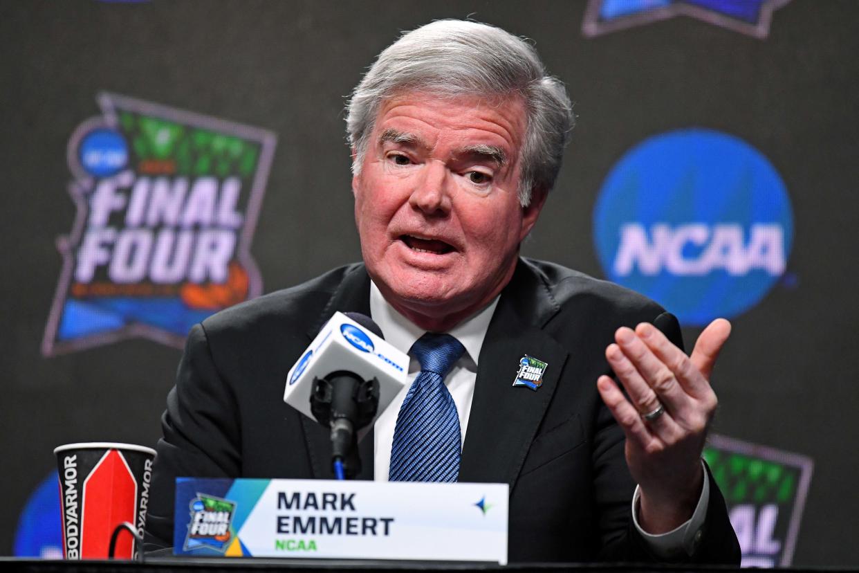 NCAA President Mark Emmert spoke with a small group of student-athletes over Zoom on Tuesday.