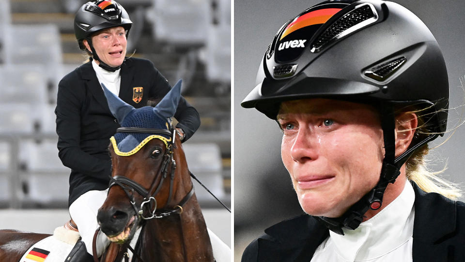 Germany's Annika Schleu cries as her horse doesn't co-operate during the Tokyo Olympics modern pentathlon.