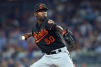 Sep 15, 2017; Bronx, NY, USA; Baltimore Orioles relief pitcher Miguel Castro (50) pitches against the New York Yankees during the fifth inning at Yankee Stadium. Mandatory Credit: Brad Penner-USA TODAY Sports