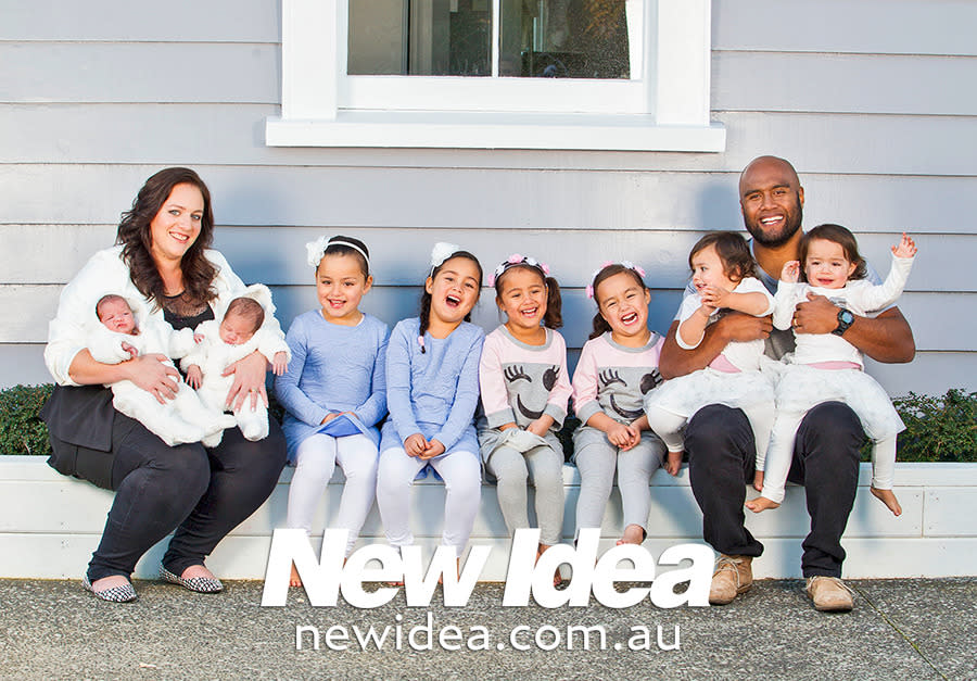 (L-R) Emma, holding Mia and Levi, Ava, Lily, Eden, Isla, Loma, holding Emme and Indie. Photo: New Idea