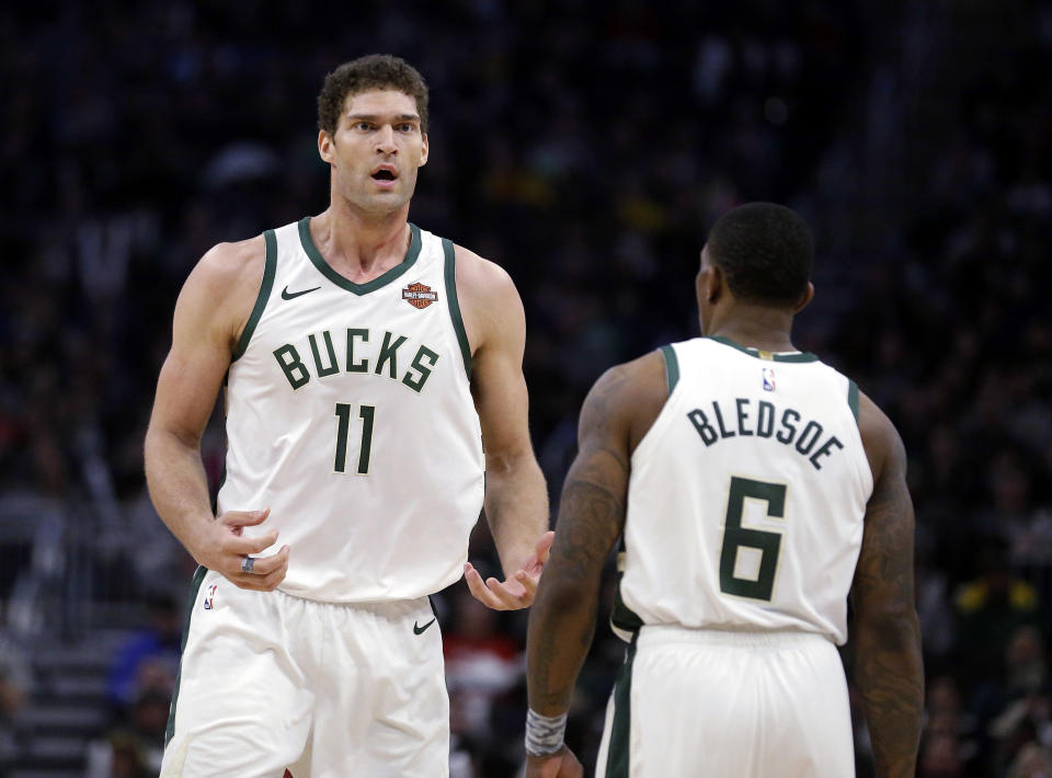 Milwaukee Bucks' Brook Lopez (11) reacts to a call during the second half of the team's NBA basketball game against the Orlando Magic on Saturday, Feb. 9, 2019, in Milwaukee. (AP Photo/Aaron Gash)