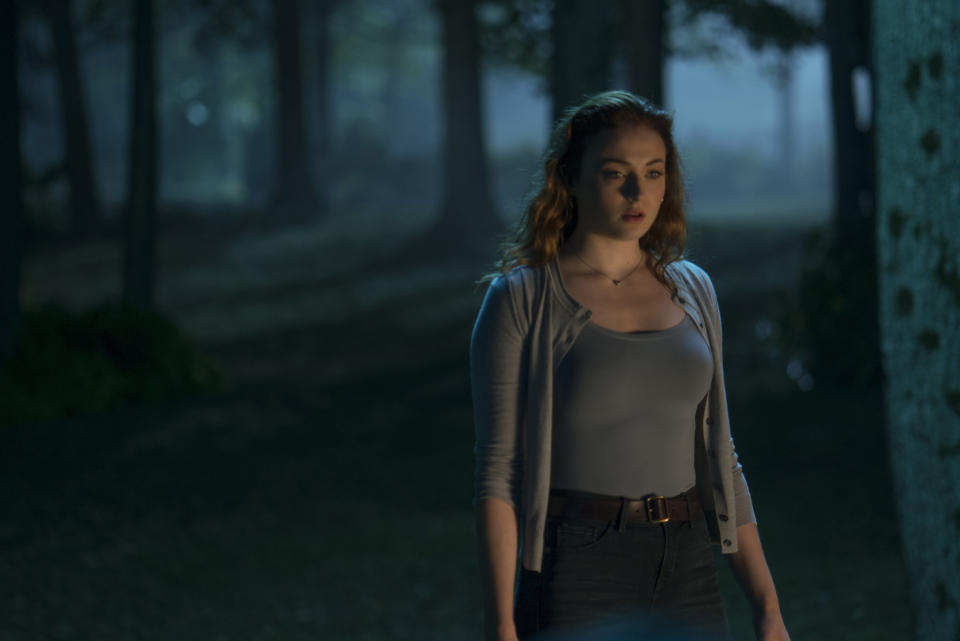 This image released by Twentieth Century Fox shows Sophie Turner in a scene from "Dark Phoenix." (Doane Gregory/Twentieth Century Fox via AP)