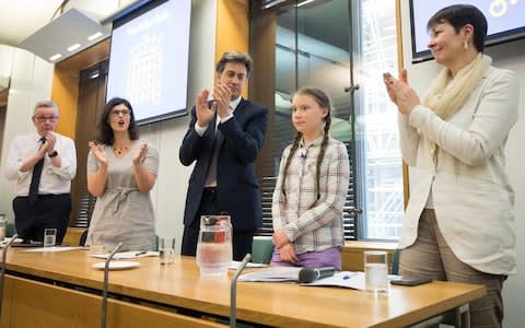 Greta Thunberg on a panel with Environment Secretary Michael Gove, Ed Miliband, Lib Dem MP Layla Moran, and Caroline Lucas - Credit: Getty Images Europe/Leon Neal