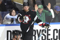 Buffalo Sabres center Casey Mittelstadt (37) celebrates his goal during the third period of an NHL hockey game against the Vegas Golden Knights Saturday, March 2, 2024, in Buffalo, N.Y. (AP Photo/Jeffrey T. Barnes)