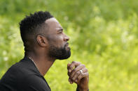 Calvin Johnson is interviewed in Webberville, Mich., Friday, June 4, 2021. Former Detroit Lions wide receiver Calvin Johnson, to be inducted into the Pro Football Hall of Fame on Aug. 8, has founded a cannabis business and is collaborating with Harvard University to research how marijuana can help people with CTE and chronic pain. (AP Photo/Carlos Osorio)