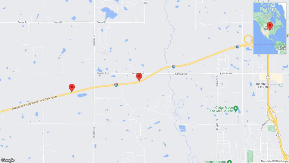 A detailed map that shows the affected road due to 'Heavy rain prompts traffic warning on westbound I-70 in Tonganoxie' on May 6th at 10:33 p.m.