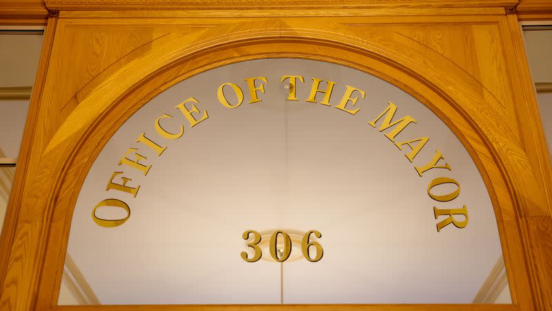 The entrance to the office of the Salt Lake City mayor is pictured at the Salt Lake City and County Building on Tuesday, Aug. 29, 2023.
