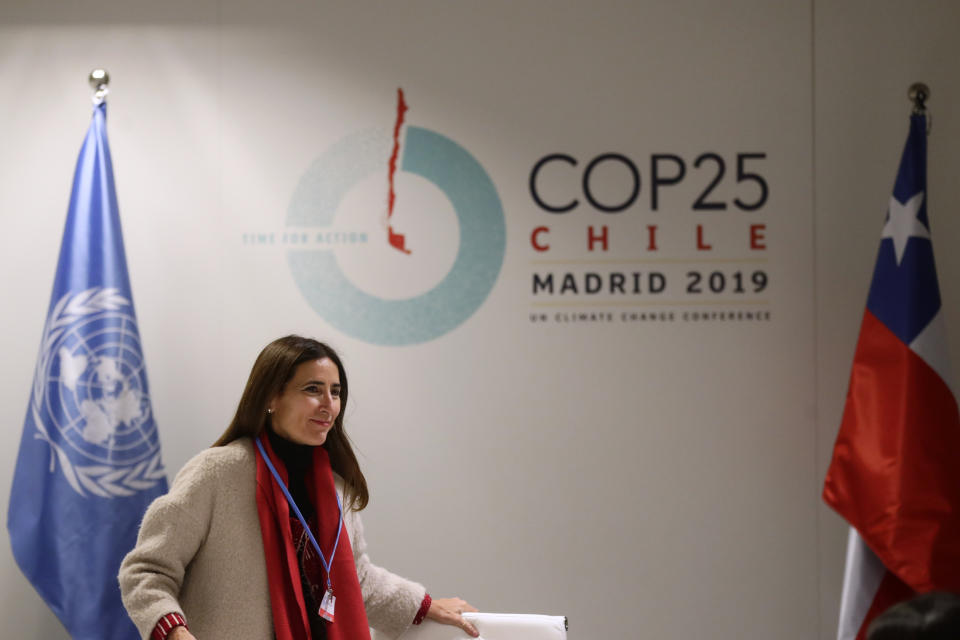 Chilean Environment Minister and chair of COP25 Carolina Schmidt attends a press conference ahead of the Climate Summit COP25 in Madrid, Spain, Friday, Nov. 29, 2019. The Climate Summit COP25 runs between 2 Dec. until 13 Dec in Madrid. (AP Photo/Manu Fernandez)