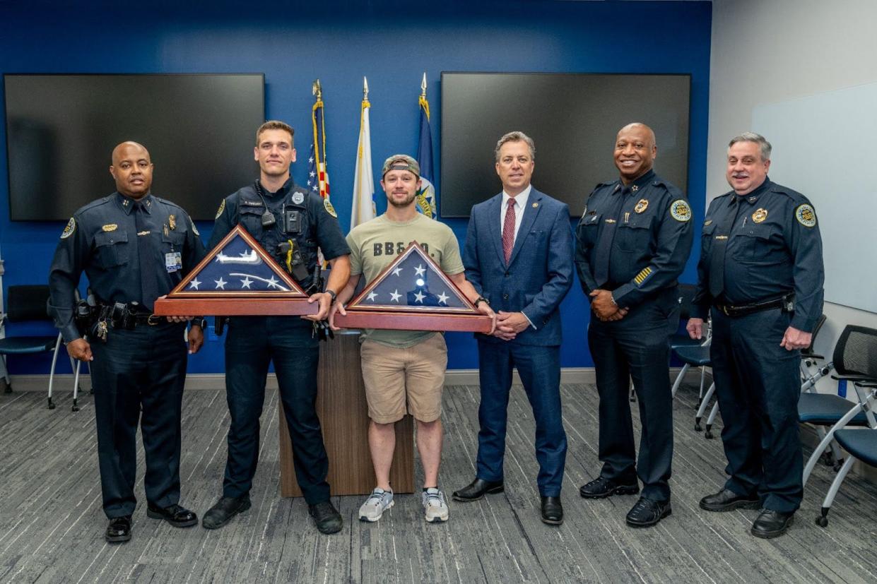 (Left) Metro Nashville Police Department Assistant Chief Dwayne Greene; Officer Rex Engelbert; Officer Michael Collazo; U.S. Rep. Andy Ogles, R-Tennessee, 5th District; MNPD Chief John Drake; MNPD Assistant Chief Mike Hagar.