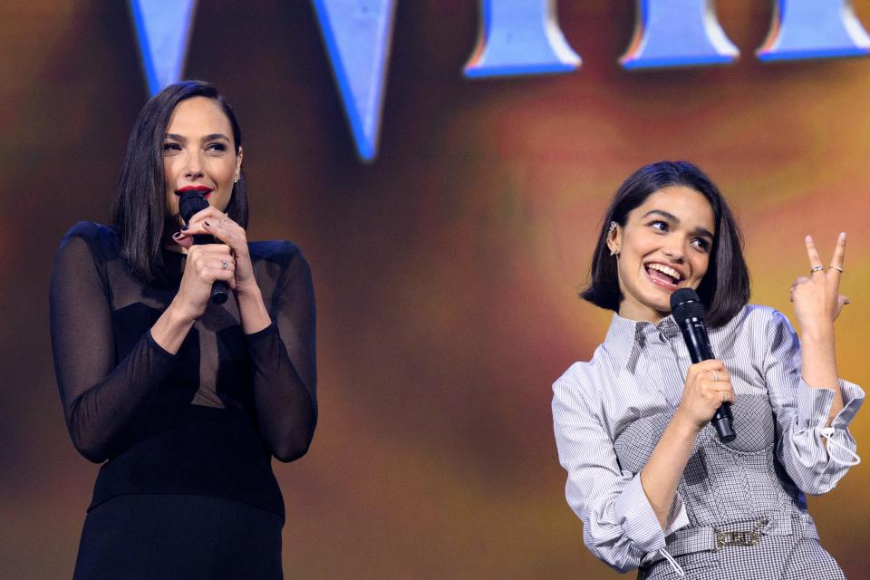 Gal Gadot and Rachel Zegler introducing a clip of "Snow White" at the D23 Expo Presentation in September 2022.