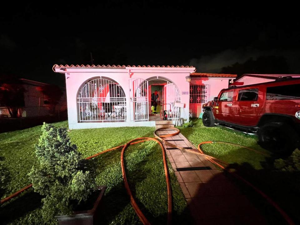 Four people were hospitalized, including two police officers and a firefighter, after a Miami residential fire at 3691 NW 16th St. on Thursday, May 2, 2024.