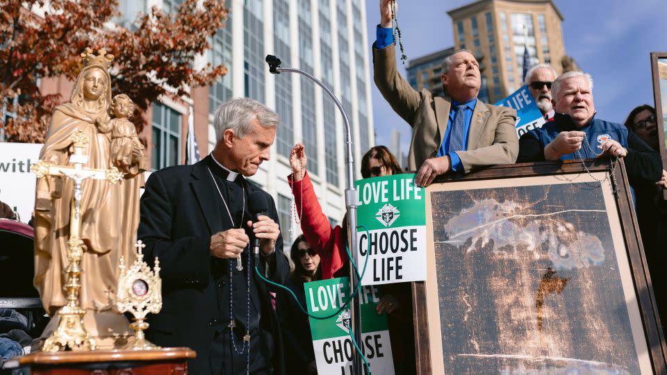 Bishop Joseph Strickland, left, speaks on November 15 to supporters outside the United States Conference of Catholic Bishops in Baltimore. - Wesley Lapointe/The New York Times/Redux
