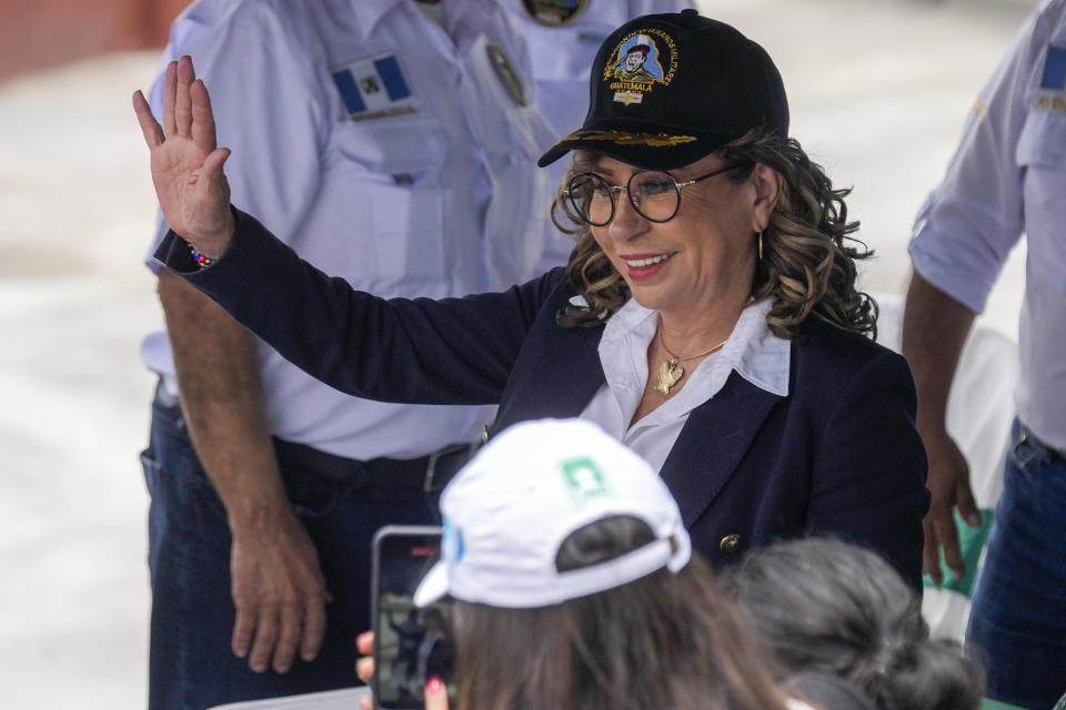 Sandra Torres, presidential candidate of UNE party, wears an official cap of Guatemalan Army Veterans´ Association during a meeting in Guatemala City, Tuesday, Aug. 15, 2023. Torres will face Bernardo Arévalo of the Seed Movement party in an Aug. 20 runoff election. (AP Photo/Moises Castillo)