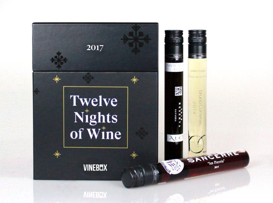 <p>Last year Vinebox's curated box of 12 different pre-poured glasses of wine sold out in four weeks. If you're as pumped as we are to give this to the wine aficionados in your life, get on the <a rel="nofollow noopener" href="https://www.getvinebox.com/products/twelve-nights-of-wine" target="_blank" data-ylk="slk:waitlist;elm:context_link;itc:0;sec:content-canvas" class="link ">waitlist</a> STAT!</p> <h4>Vinebox</h4>