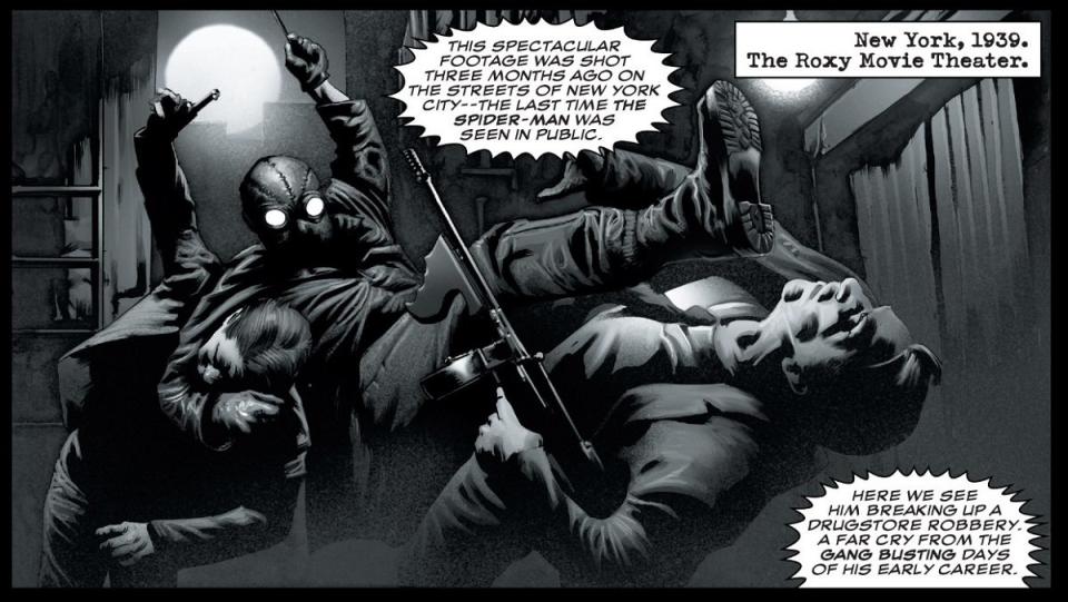 Spider-Man Noir fights thugs in 1039 New York.