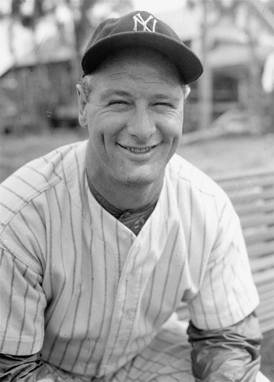 In this March 1936 file photo Lou Gehrig, New York Yankee's first baseman, poses at spring training in Florida.