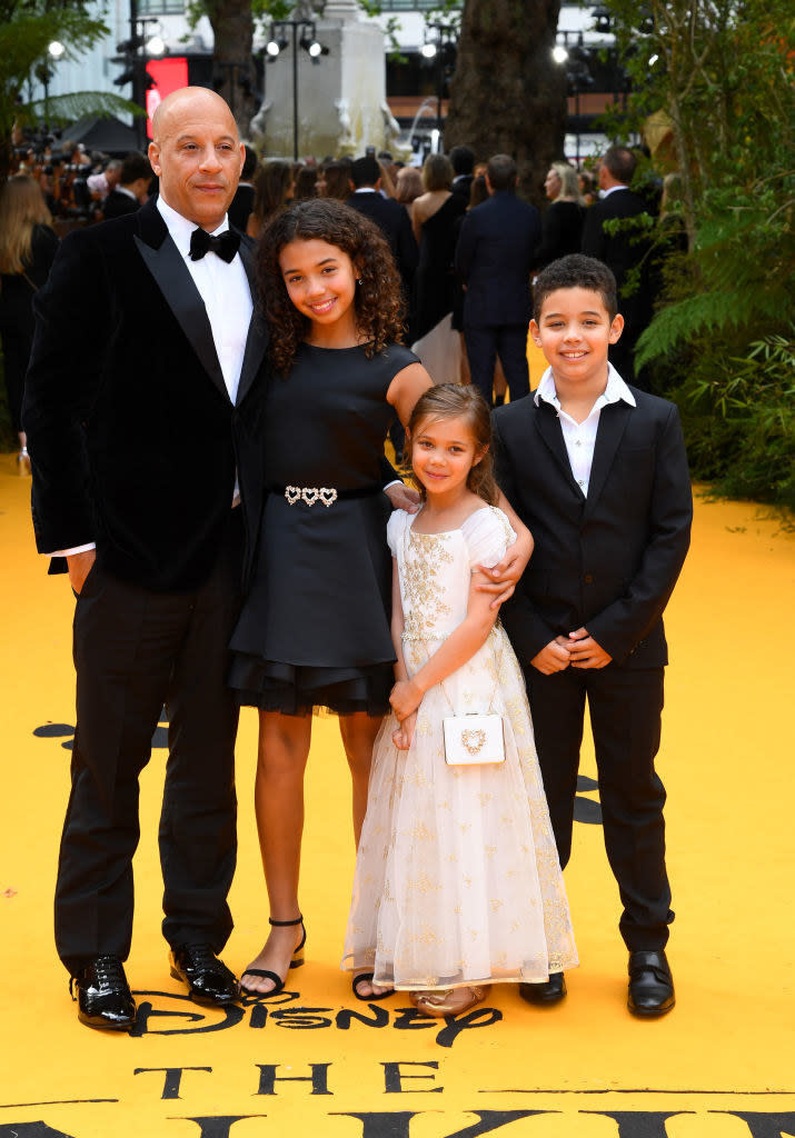 Vin Diesel and his children, Hania Riley Sinclair, Vincent Sinclair and Pauline Sinclair attend "The Lion King" European Premiere