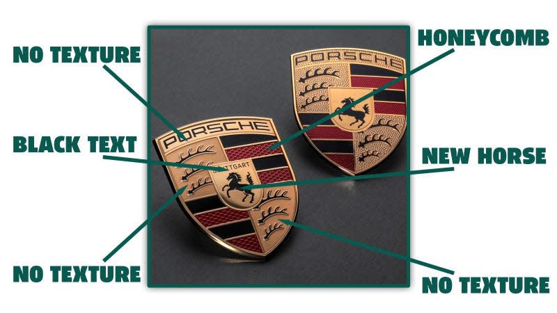 A graphic highlighting all the differences on the new Porsche logo. 