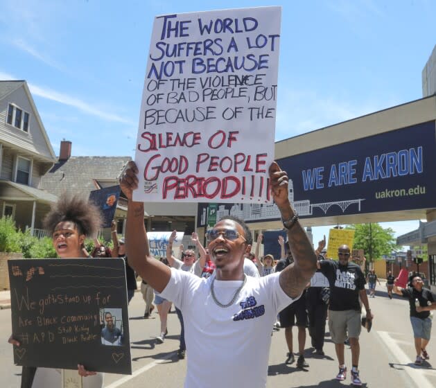 Protesters march along South High Street on Saturday, July 2, 2022 in Akron, Ohio, calling for justice for Jayland Walker after he was fatally shot by Akron Police on Monday. (Phil Masturzo/Akron Beacon Journal via AP)