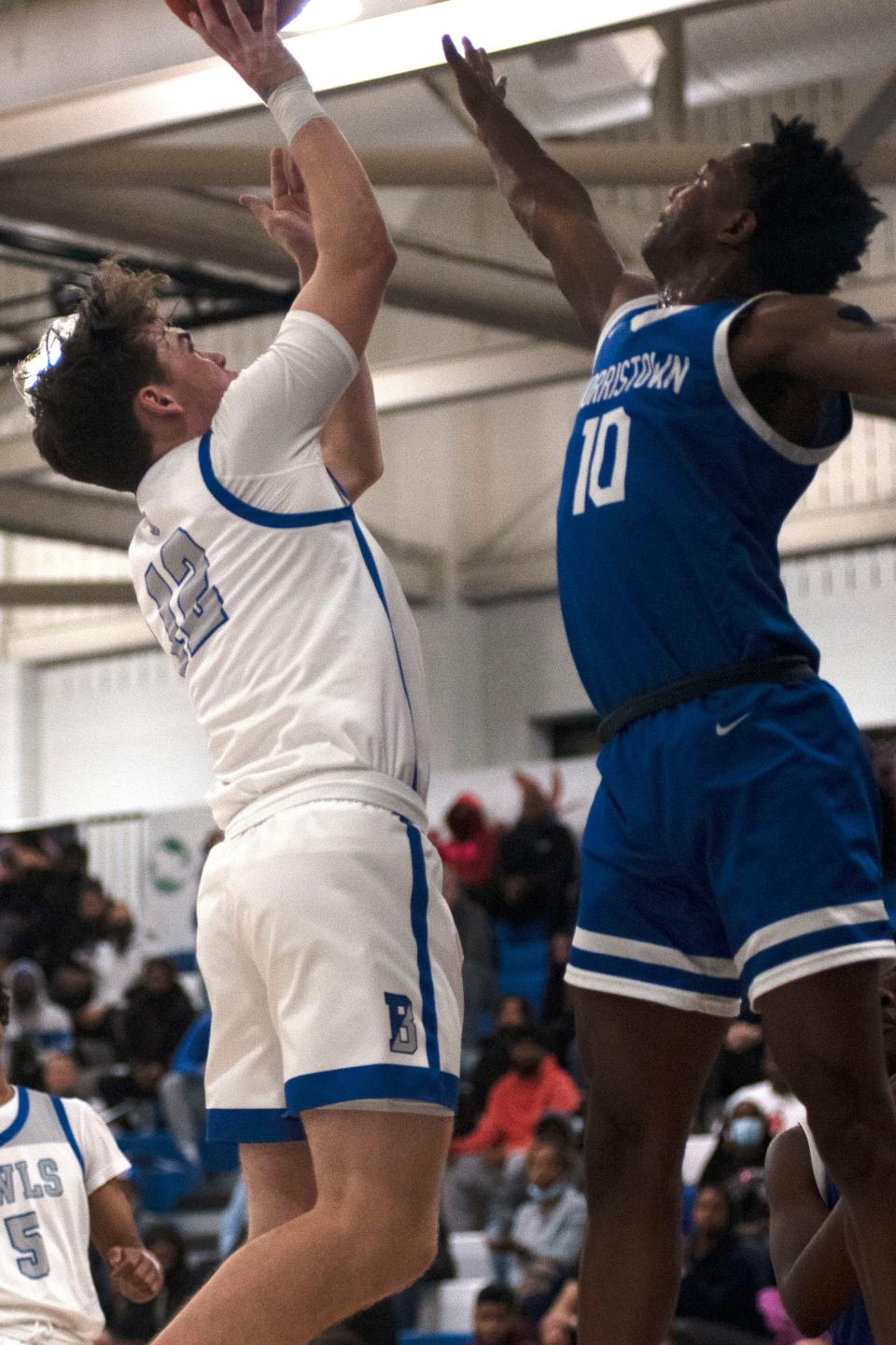 Bensalem junior Jack Wineburg shoots at Bensalem High School on Friday, Feb. 25, 2022. Bensalem Owls fell to Norristown Eagles 46-50 in District One quarterfinals.