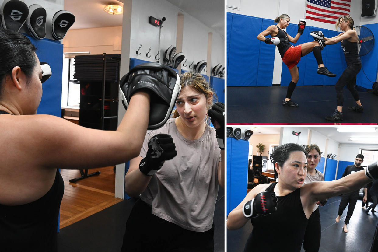 Composite image of women practicing self-defense moves in a class.