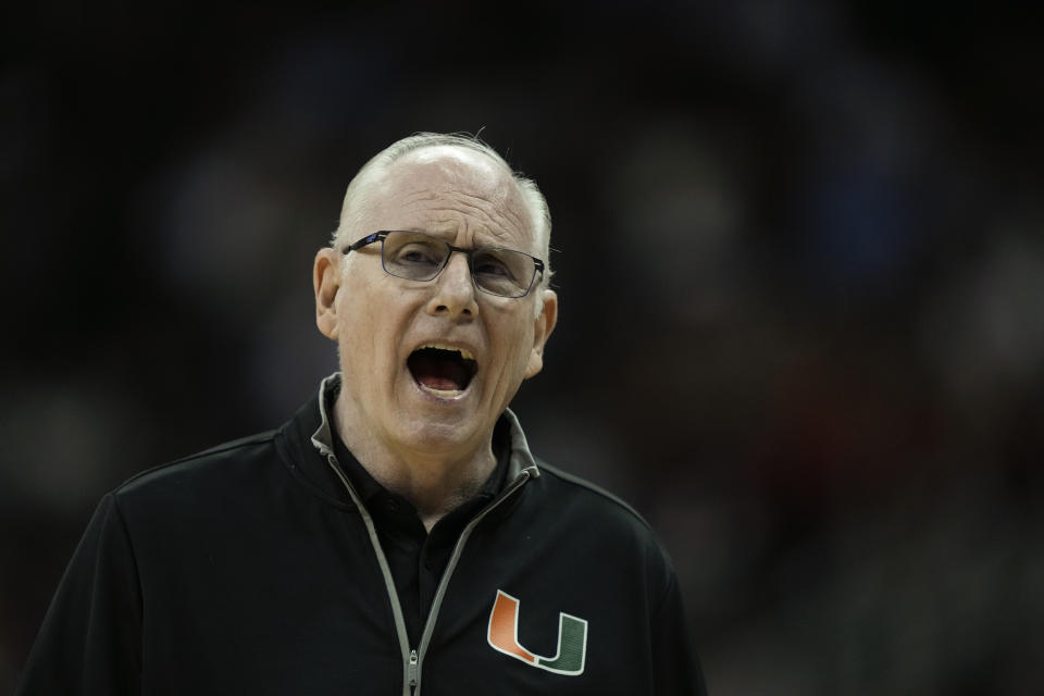 Miami head coach Jim Larranaga yells in the second half of a Sweet 16 college basketball game against Houston in the Midwest Regional of the NCAA Tournament Friday, March 24, 2023, in Kansas City, Mo. (AP Photo/Charlie Riedel)