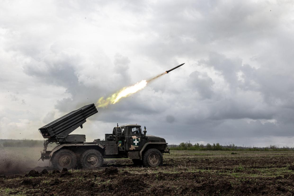 DONETSK OBLAST, UKRAINE - APRIL 28: The Ukrainian army fires grad shells with a BM-21 at its position in the direction of Bakhmut as the Russia-Ukraine war continues in Donetsk, Ukraine on April 28, 2023. (Photo by Diego Herrera Carcedo/Anadolu Agency via Getty Images)