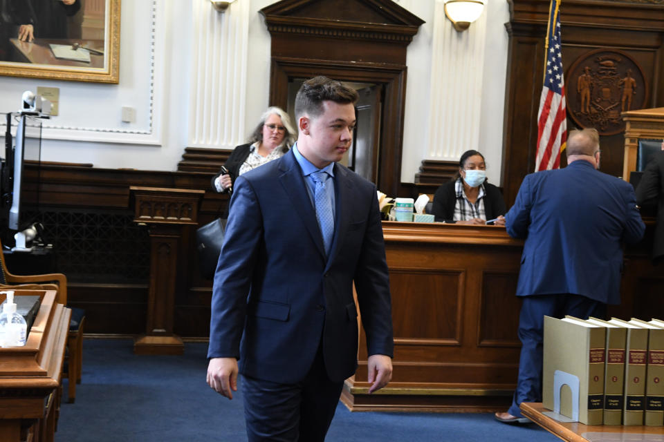 Kyle Rittenhouse appears at a pretrial hearing in Kenosha Circuit Court, Monday, Oct. 25, 2021, in advance of his trial which is scheduled to begin Nov. 1, in Kenosha, Wis. Rittenhouse shot three people, killing two of them, during a protest against police brutality in Kenosha in August 2020. (Mark Hertzberg/Pool Photo via AP)