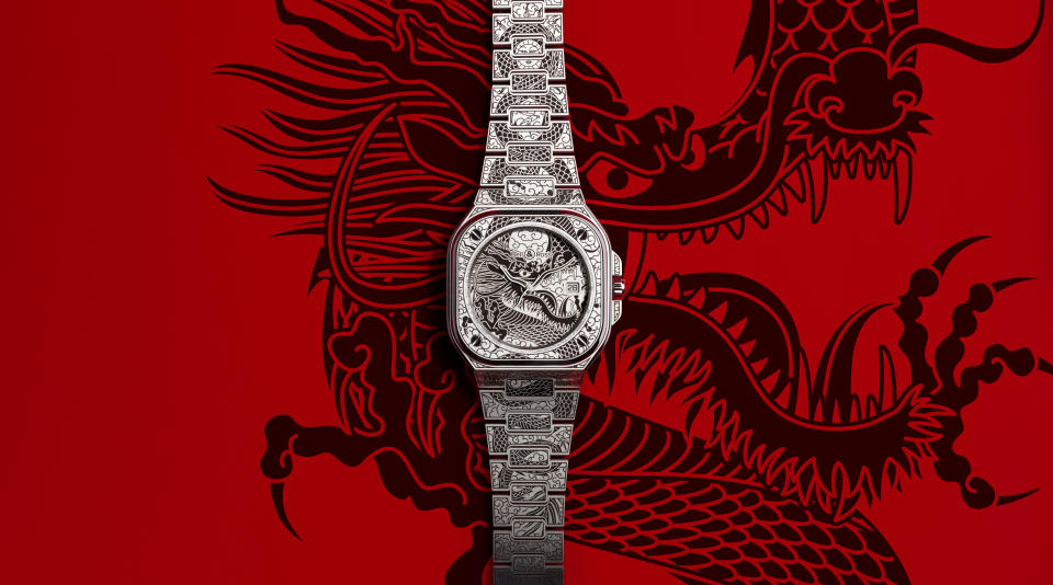 The Bell & Ross BR 05 Year of the Dragon on a red background