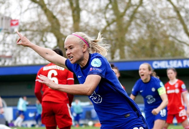 Pernille Harder runs away after scoring the crucial third goal