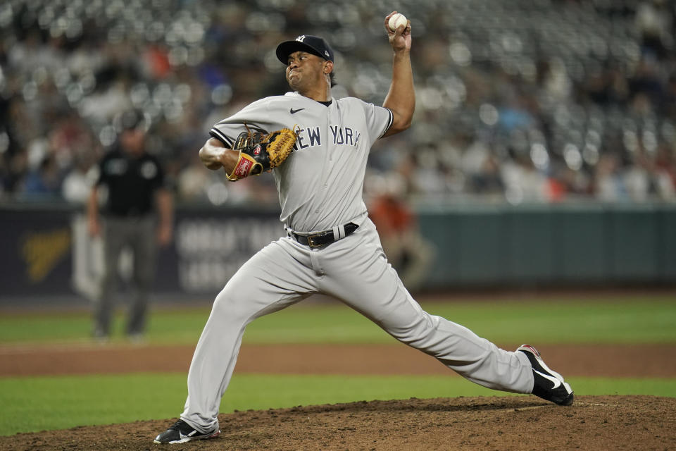 New York Yankees relief pitcher Wandy Peralt throws a pitch to the Baltimore Orioles during the eighth inning of a baseball game, Wednesday, Sept. 15, 2021, in Baltimore. (AP Photo/Julio Cortez)