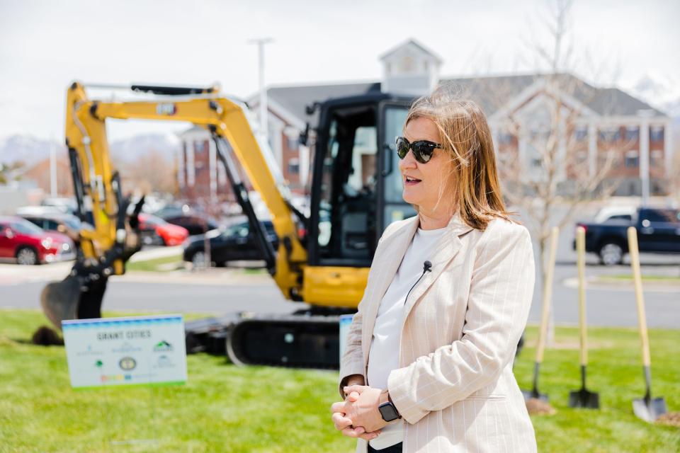 Salt Lake County Mayor Jenny Wilson speaks after a press conference announcing grants for the conversion of grass fields into turf at the West Jordan City Hall in West Jordan on April 27, 2023. | Ryan Sun, Deseret News