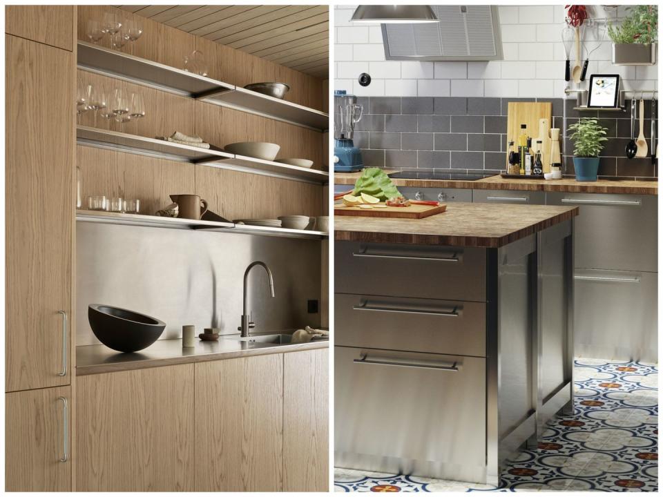 a kitchen with wooden cabinets