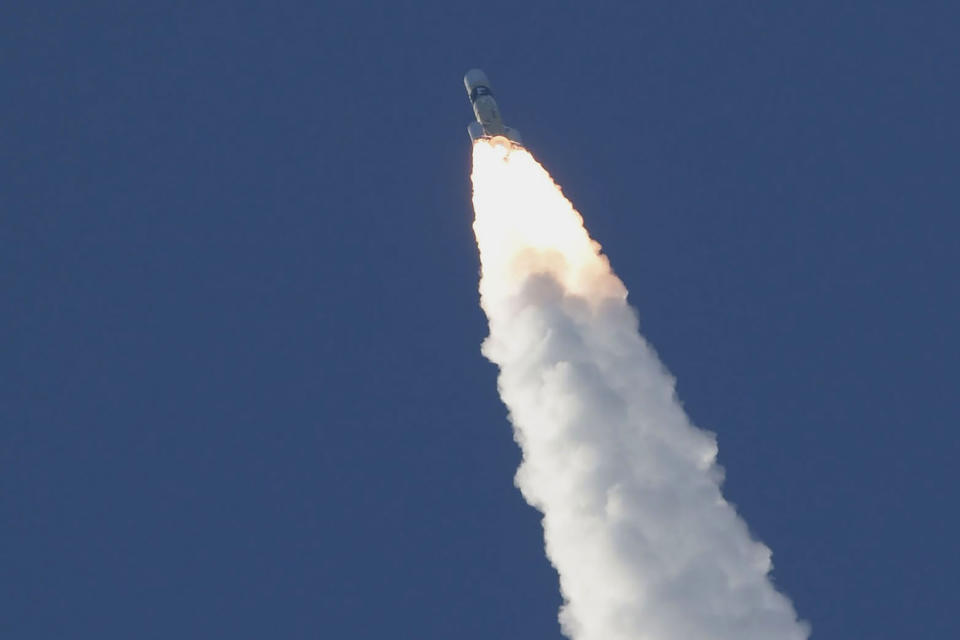 An H-IIA rocket with United Arab Emirates' Mars orbiter Hope lifts off from Tanegashima Space Center in Kagoshima, southern Japan Monday, July 20, 2020. A United Arab Emirates spacecraft rocketed away Monday on a seven-month journey to Mars, kicking off the Arab world’s first interplanetary mission. (Hiroki Yamauchi/Kyodo News via AP)