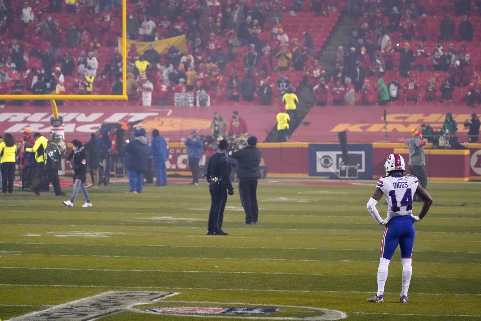 Buffalo Bills wide receiver Stefon Diggs stands on the field after the AFC championship NFL football game against the Kansas City Chiefs, Sunday, Jan. 24, 2021, in Kansas City, Mo. The Chiefs won 38-24. (AP Photo/Jeff Roberson)