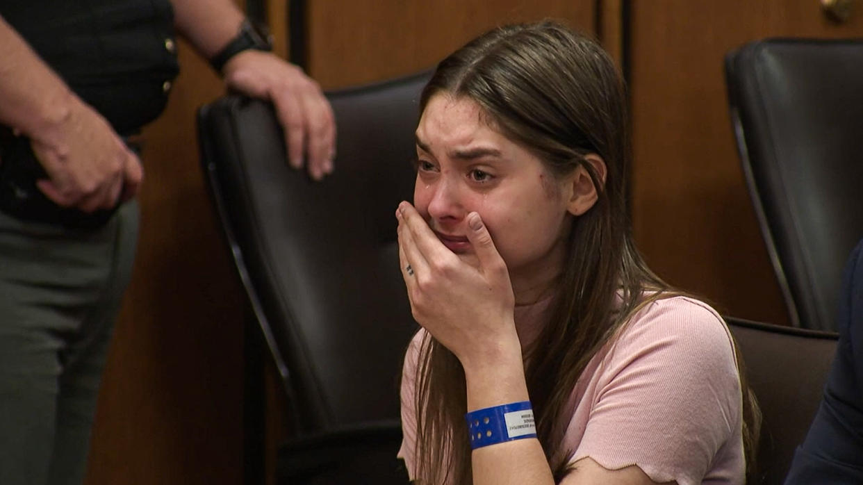 Mackenzie Shirilla cries as she's found guilty of murder in the death of her boyfriend in Cleveland on Aug. 14, 2023. (WKYC)