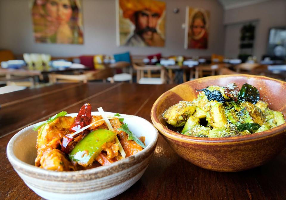 Chicken Kadhai is offered at lunch and dinner. On right, the Brussels Sprouts Thoran are a starter or side dish.