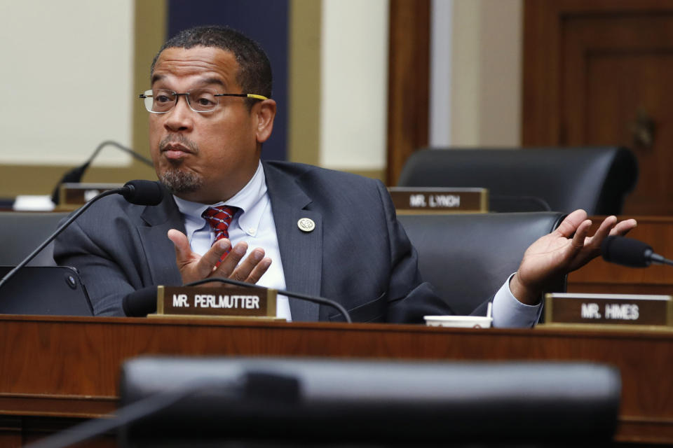 FILE - In this July 18, 2018, file photo, former Rep. Keith Ellison, D-Minn., asks a question at a House Committee on Financial Services hearing in Washington. Ellison is now the Minnesota attorney general who is taking over as lead prosecutor in George Floyd's death. Doing so is giving Ellison a national platform to talk about race in America. And while Ellison is careful not to talk about details of the criminal cases against four Minneapolis police officers, he's grabbing the opportunity to raise issues about police reform that he's worked on in the past. (AP Photo/Jacquelyn Martin, File)