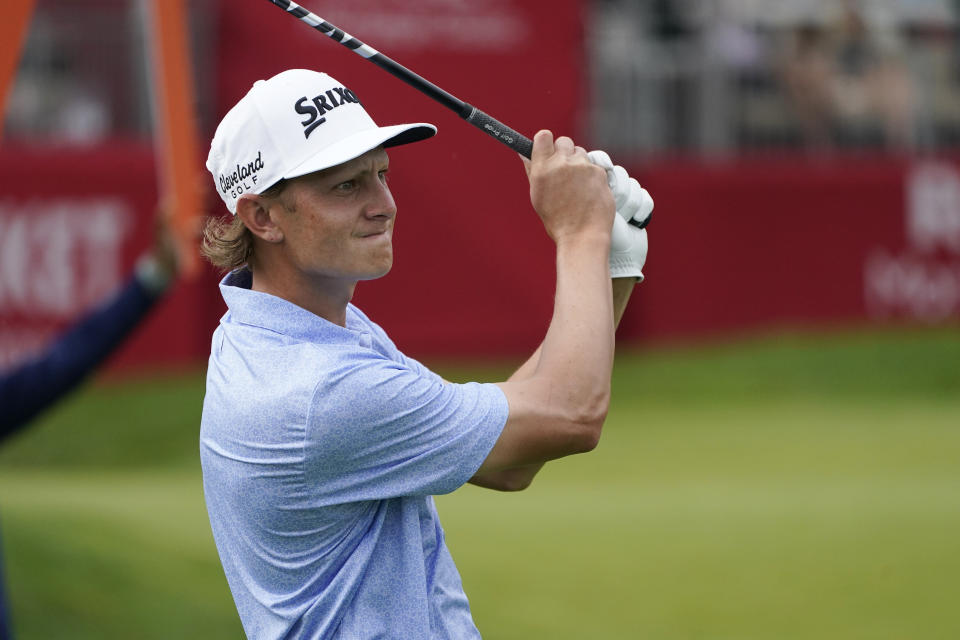 Peter Kuest drives off the 16th tee during the third round of the Rocket Mortgage Classic golf tournament at Detroit Country Club, Saturday, July 1, 2023, in Detroit. (AP Photo/Carlos Osorio)