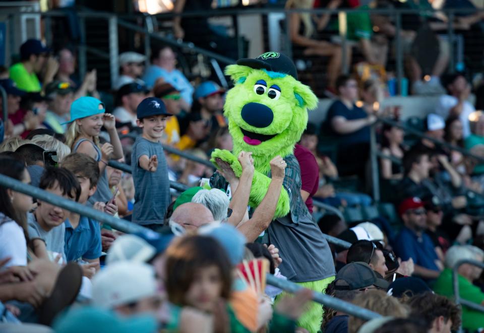 Sluggo, the bright green mascot of the Eugene Emeralds, interacts with fans during a July 27 game PK Park in Eugene.