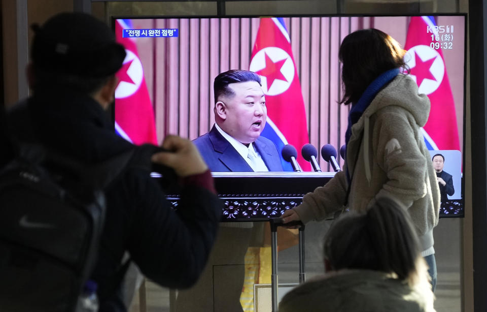 A TV screen shows a file image of North Korean leader Kim Jong Un during a news program at the Seoul Railway Station in Seoul, South Korea, Tuesday, Jan. 16, 2024. North Korea has abolished key government organizations tasked with managing relations with South Korea, state media said Tuesday, as the authoritarian leader said he would no longer pursue reconciliation with his rival. (AP Photo/Ahn Young-joon)