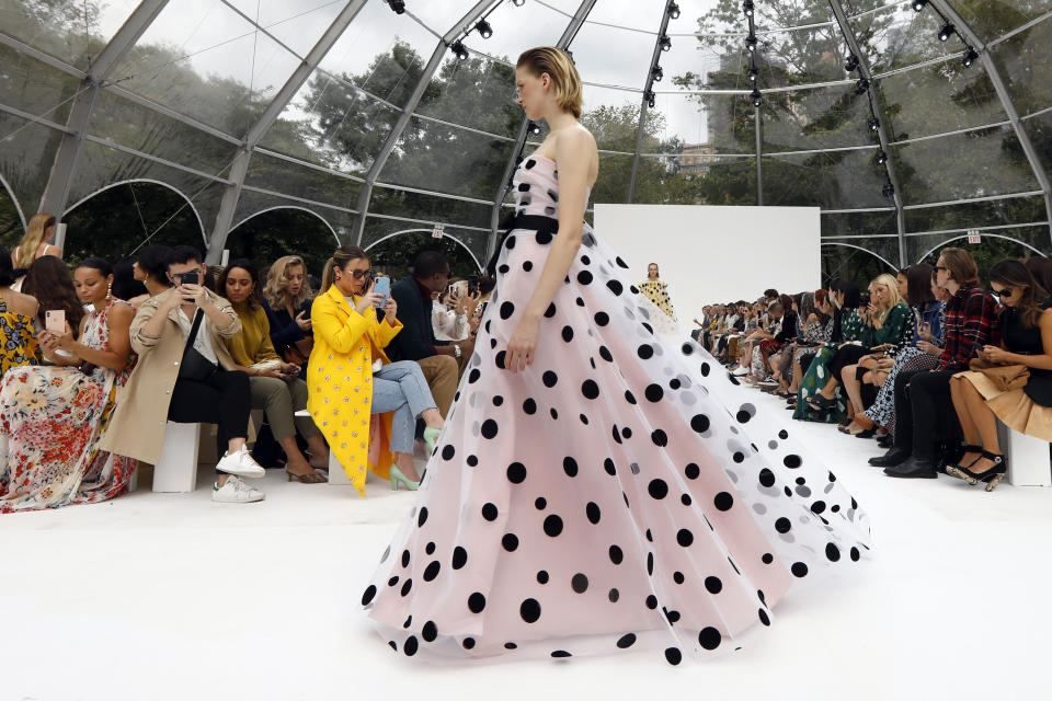 CORRECTS CAPTION AND BYLINE FOR FASHION CAROLINA HERRERA - The Carolina Herrera collection is modeled during Fashion Week, in New York, Monday, Sept. 9, 2019. (AP Photo/Richard Drew)