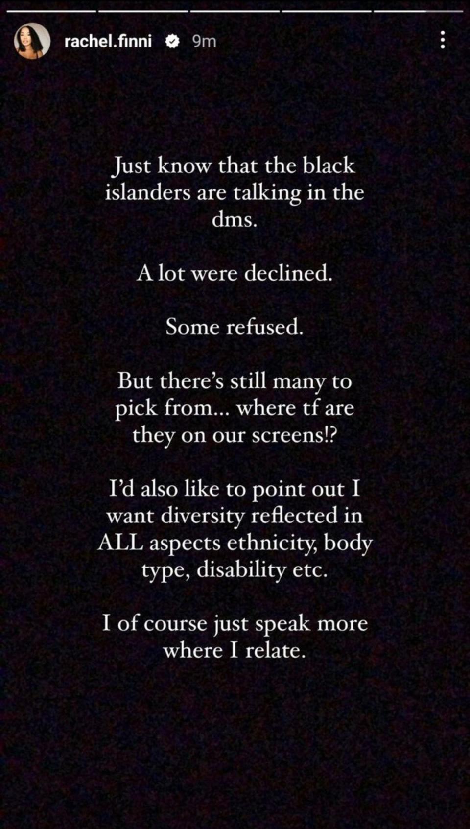 Former Islander Rachel Finni posted a message on Instagram within minutes of the dumping (Instagram/@rachel.finni)