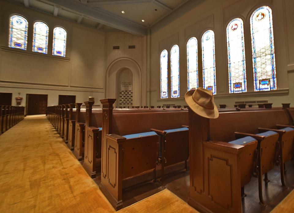 Cantor Shoshana Brown's hat hangs on a pew inside Temple Beth-El, 385 High St. in Fall River.