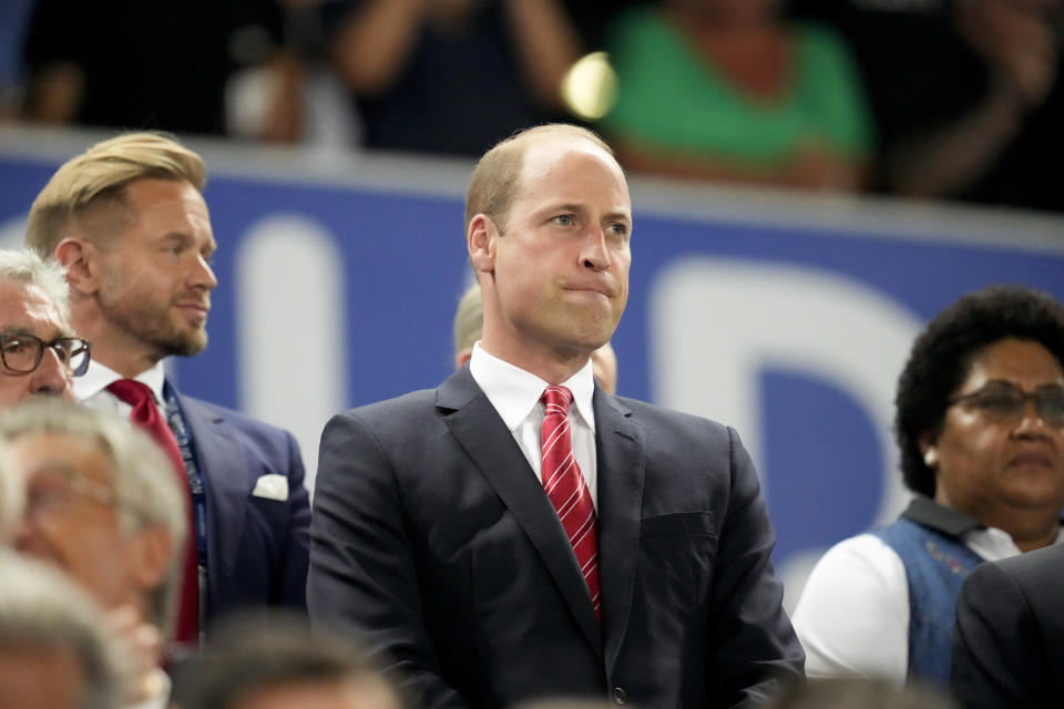 Britain's Prince William attends the Rugby World Cup Pool C match between Wales and Fiji at the Stade de Bordeaux in Bordeaux, France, Sunday, Sept. 10, 2023. (AP Photo/Themba Hadebe)